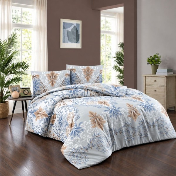 Lenjerie pat Lara Blue First Choice din bumbac 100% ranforce cu elastic si imprimeu floral albastru si bej pe fundal gri deschis