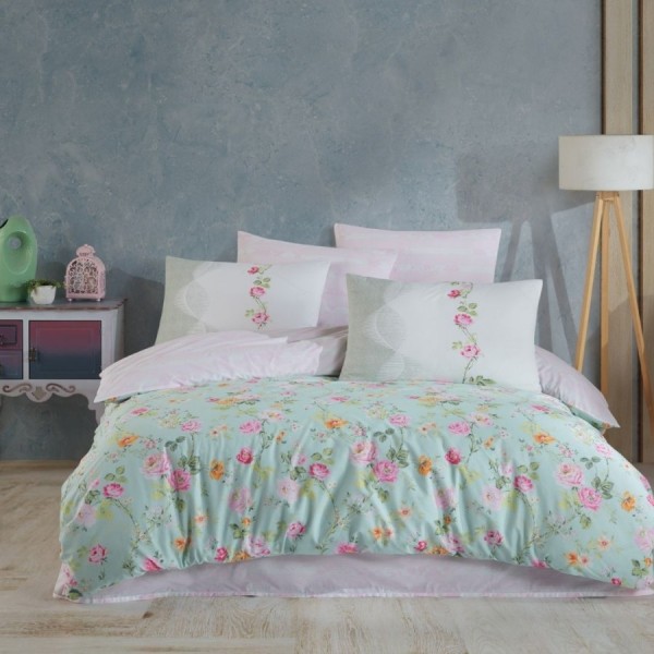 Lenjerie pat dublu bumbac 100% ranforce Hobby Home Carmela cu model floral romantic
