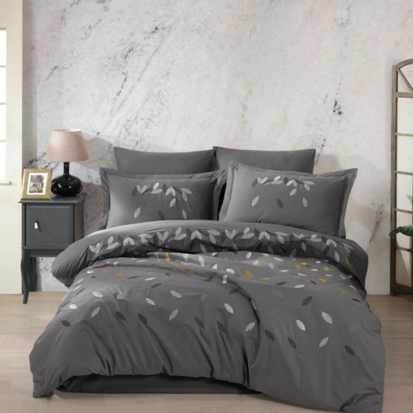Lenjerie pat dublu poplin fin cu broderie frunze Lidia gri