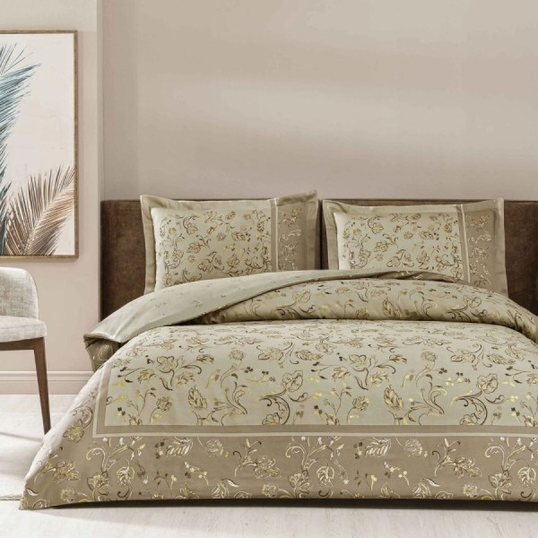 Lenjerie pat dublu TAC Fleur Bej Mako Satin cu imprimeu floral bej taupe maro si accente aurii