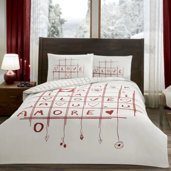 Set lenjerie de pat dublu Rometa TAC din bumbac 100 % ranforce, imprimeu LOVE cu efect fosforescent pe fond alb