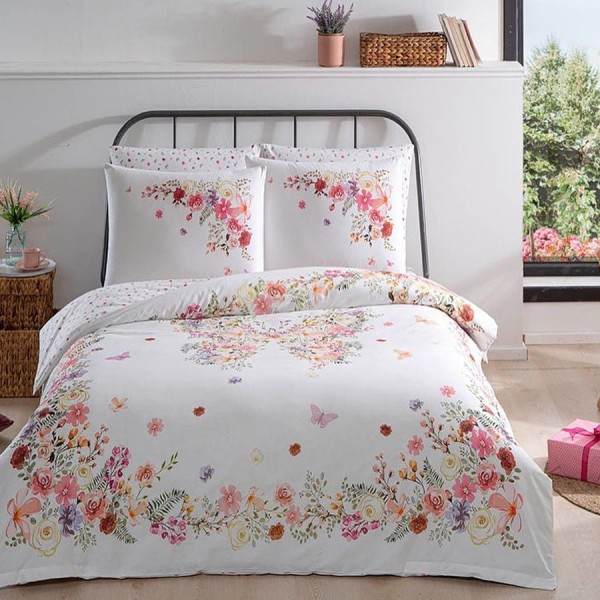 Lenjerie de pat din bumbac 100% ranforce model Victoria cu design floral fosforescent în nuanțe de roz, portocaliu și verde.