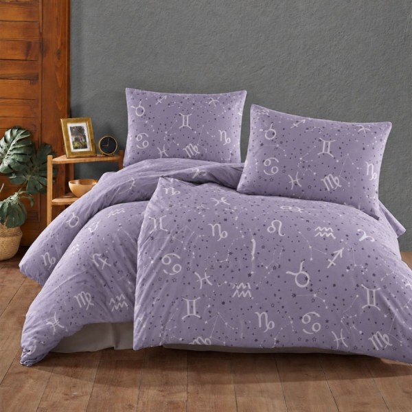 lenjerie pat dublu Goodnight Lavender bumbac ranforce cu zodii si constelatii First Choice