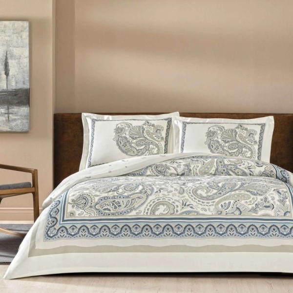 Lenjerie pat dublu TAC Ivory Mako-Satin din bumbac satinat 220 TC cu model paisley ivoire gri si albastru-gri