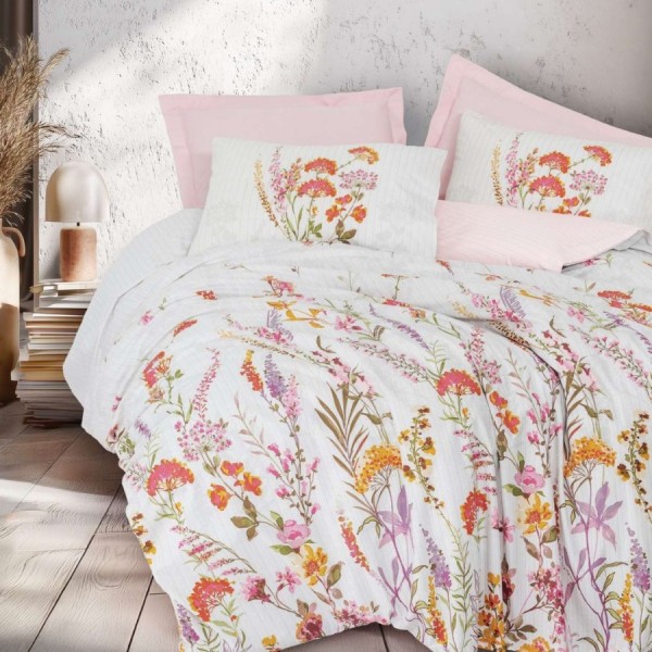 lenjerie pat dublu Lilura Roz cu flori Cotton Box