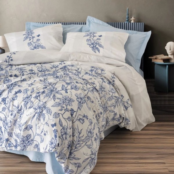 Lenjerie pat dublu Linora cu imprimeu floral albastru pe fundal alb-crem