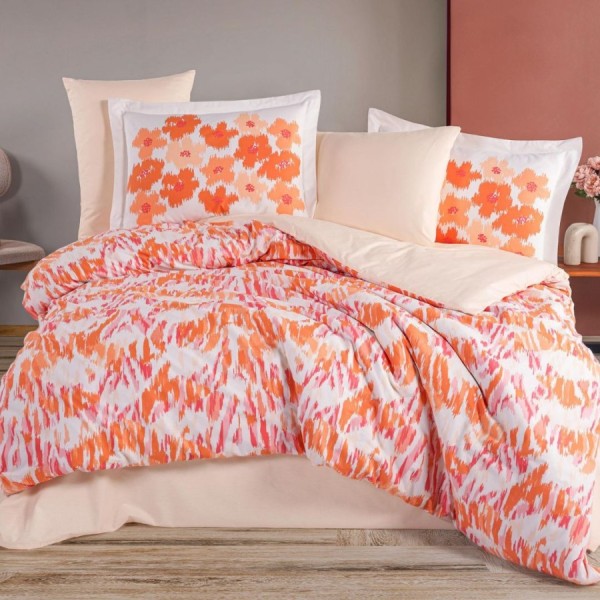 Lenjerie pat dublu Penny coral Hobby Home poplin percale cu imprimeu floral abstract coral si portocaliu