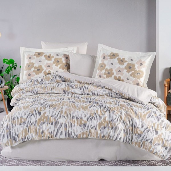 Lenjerie pat dublu Penny stone Hobby Home poplin percale model floral abstract bej gri crem