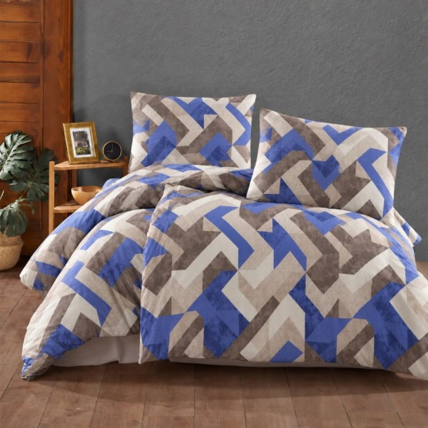 lenjerie pat dublu Rayce Bej bumbac ranforce model geometric albastru maro bej First Choice