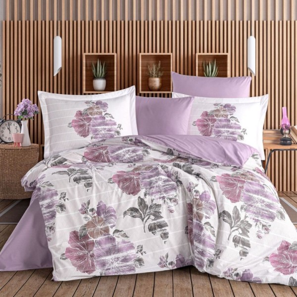 Lenjerie pat dublu Sara purple Hobby Home poplin percale model floral mov lila gri