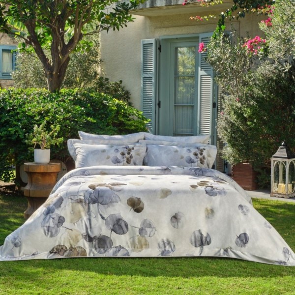 Lenjerie pat dublu satin TAC Aceline cu imprimeu botanic abstract in nuante de gri, bej, grej si taupe