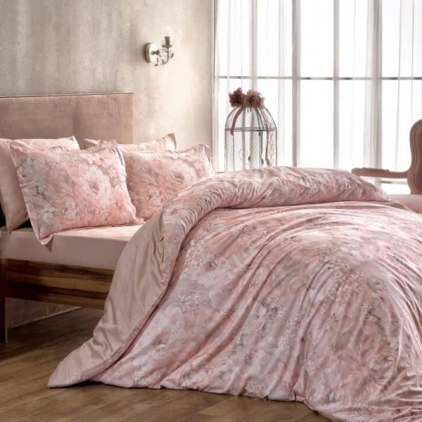 Lenjerie pat dublu satin cu flori roz TAC DELUX Blanche
