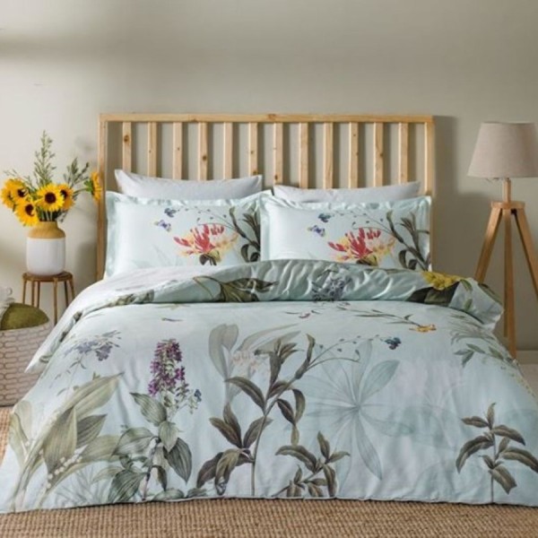 Lenjerie de pat satin de lux 6 piese TAC Delux Digital Laden, cu flori, fundal verde deschis, bumbac satinat