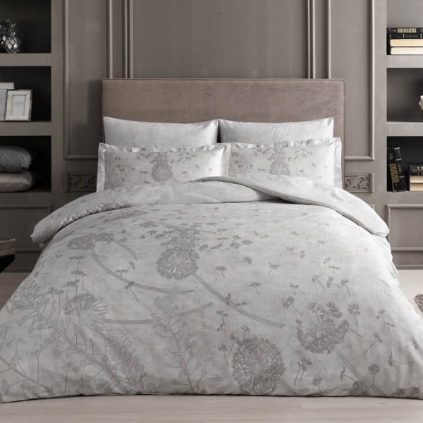 Lenjerie de pat dublu din satin gri cu imprimeu digital cu flori delicate