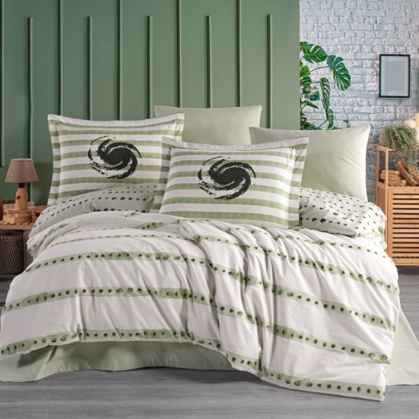 Lenjerie pat dublu Squal forest Hobby Home poplin percale model geometric verde cu dungi si accente abstracte
