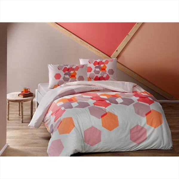 Lenjerie de pat dublu bumbac 100% Ranforce, cearșaf elastic 160x200 cm, design hexagoane colorate în portocaliu și roz.