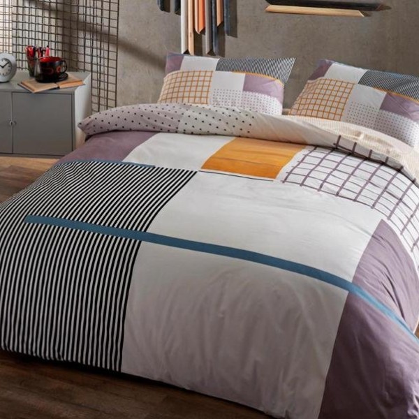 Lenjerie de pat dublu bumbac 100% Ranforce, cearșaf elastic 160x200 cm, design geometric și dungi colorate.