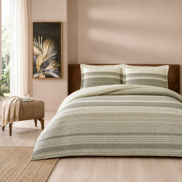 Lenjerie pat dublu TAC Mako Satin Moonlit bumbac satinat model geometric crem bej maro negru