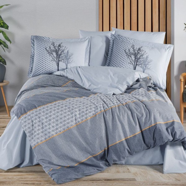 Lenjerie pat dublu Tanya indigo Hobby Home poplin percale model geometric cu arbori indigo bleu gri