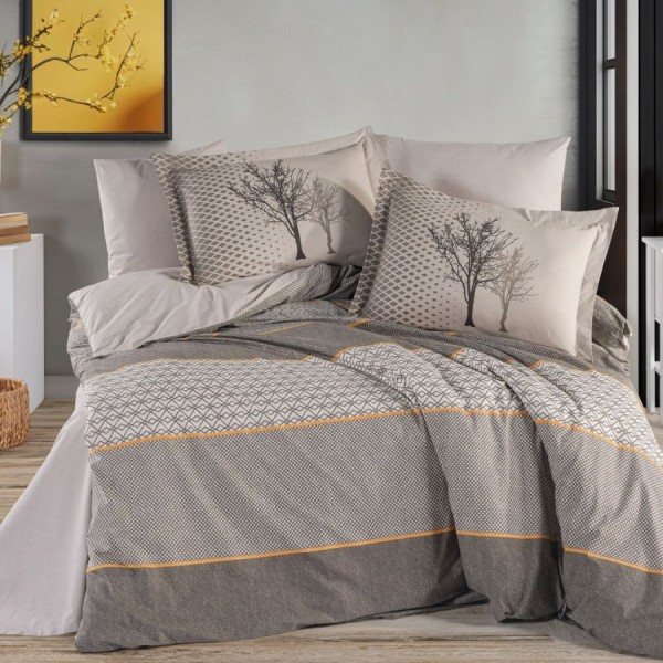 Lenjerie pat dublu Tanya Maro Hobby Home poplin percale model geometric cu arbori maro bej gri