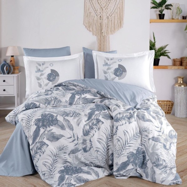 Lenjerie pat dublu Tiffany Denim Hobby Home poplin percale model botanic albastru cu frunze stilizate