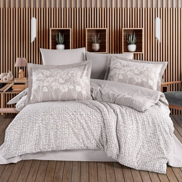 Lenjerie pat dublu Velura Stone Hobby Home poplin percale model floral discret gri stone alb