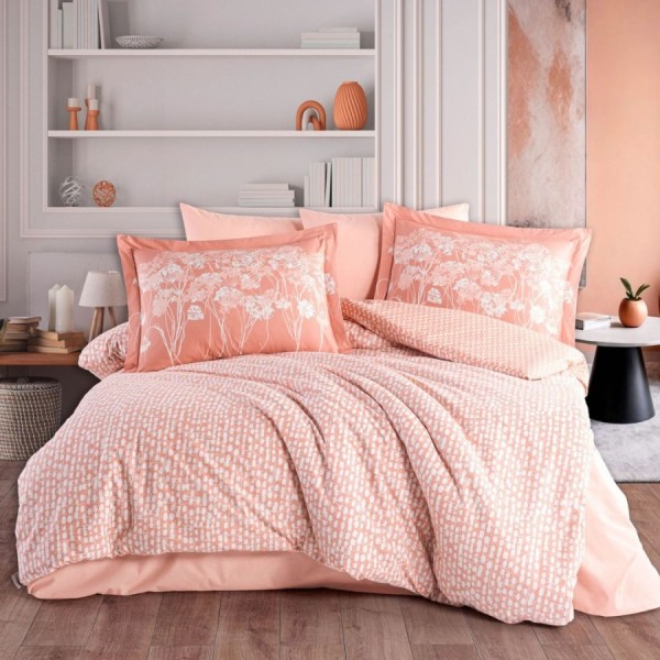 Lenjerie pat dublu Velura teracota Hobby Home poplin percale model floral discret piersica alb
