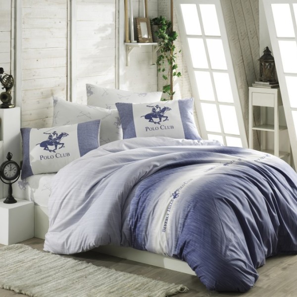 Lenjerie de pat BHPC-030 din bumbac 100% ranforce, design albastru, alb și gri, cu logo Beverly Hills Polo Club și detalii geometrice elegante.