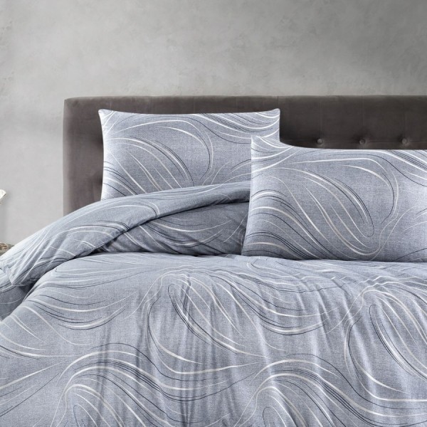 Lenjerie de pat Donis, model cu linii ondulate albe pe fundal gri, din bumbac 100% ranforce, 4 piese, cearsaf cu elastic, saltele 140x200 cm și 160x200 cm, design elegant