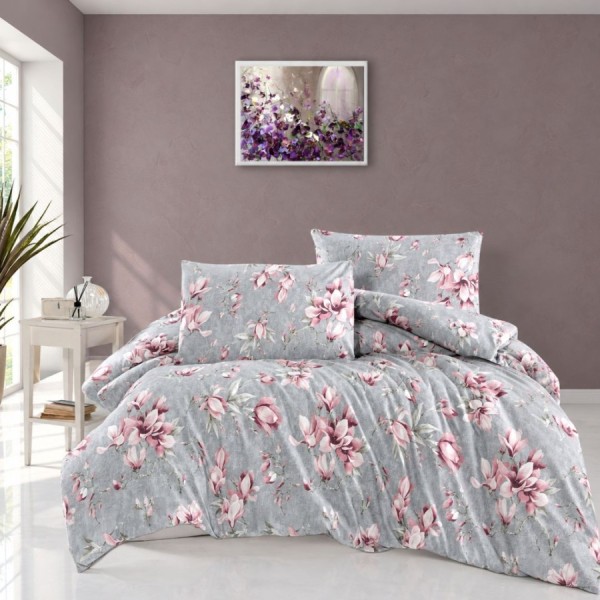 Lenjerie de pat gri cu magnolii Marea, bumbac 100%, 4 piese, cearșaf elastic, saltele 140x200 cm și 160x200 cm, design floral elegant roz