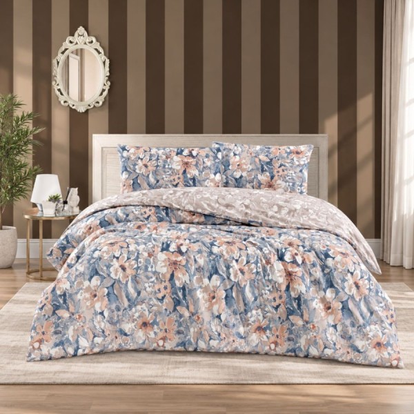 Lenjerie de pat Joly Bleu, imprimeu floral albastru, din bumbac 100% ranforce, 4 piese, cearsaf cu elastic, saltele 140x200 cm și 160x200 cm, design delicat roz, alb