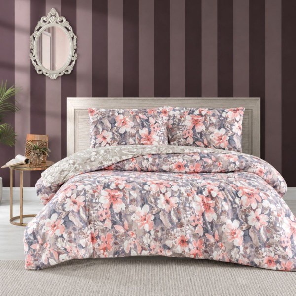 Lenjerie de pat Joly Ecru, imprimeu floral romantic, din bumbac 100% ranforce, 4 piese, cearsaf cu elastic, saltele 140x200 cm și 160x200 cm, design delicat roz, alb