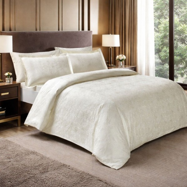 Lenjerie de pat Jacquard Nodus crem bumbac satinat, motive complexe jacquard, 6 piese