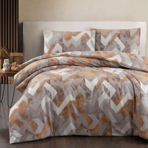Lenjerie de pat maro cu model zig zag RAYCE, bumbac 100%, 4 piese, cearșaf elastic, saltele 140x200 cm și 160x200 cm, design geometric maro, bej, alb