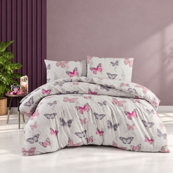 Lenjerie de pat Elery, imprimeu fluturi roz si gri, din bumbac 100% ranforce, 4 piese, cearsaf cu elastic, saltele 140x200 cm și 160x200 cm, design elegant alb