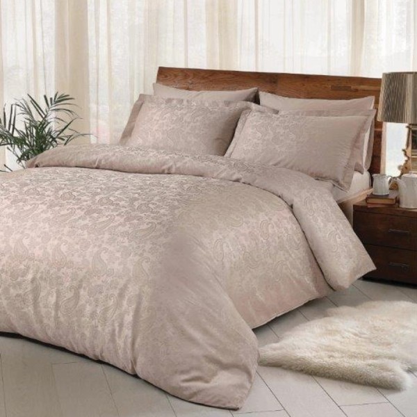 Lenjerie de pat jacquard crem cu motive paisley din bumbac satinat TAC, model Brinkley, set complet