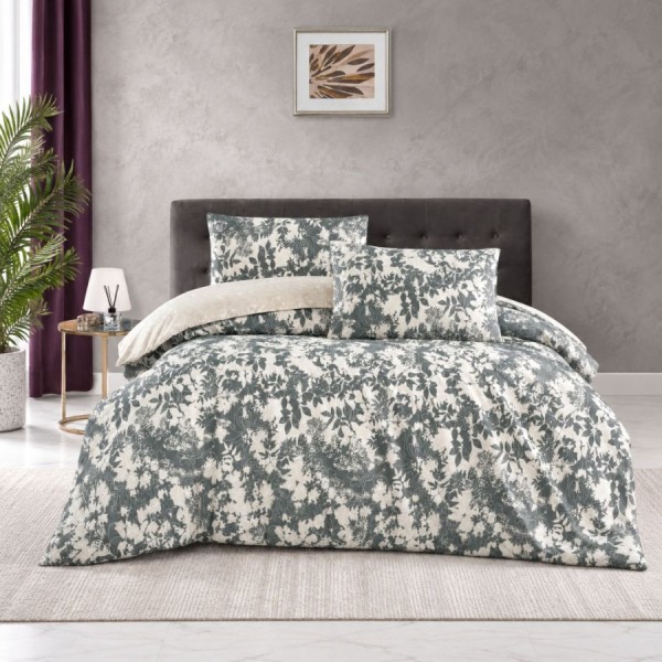 Lenjerie de pat verde cu bej COLIN, bumbac 100%, 4 piese, cearșaf elastic, saltele 140x200 cm și 160x200 cm, design floral elegant