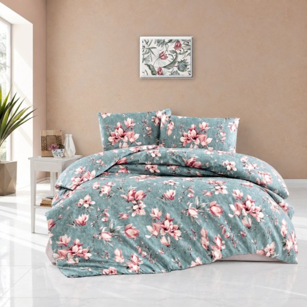 Lenjerie de pat verde cu magnolii roz Marea, bumbac 100%, 4 piese, cearșaf elastic, saltele 140x200 cm și 160x200 cm
