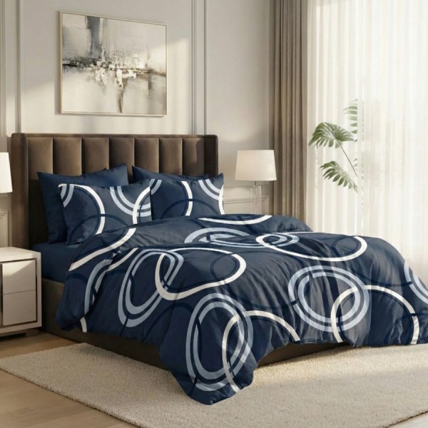 Lenjerie pat dublu cercuri albastru 6 piese ralex pucioasa bumbac poliester model geometric modern