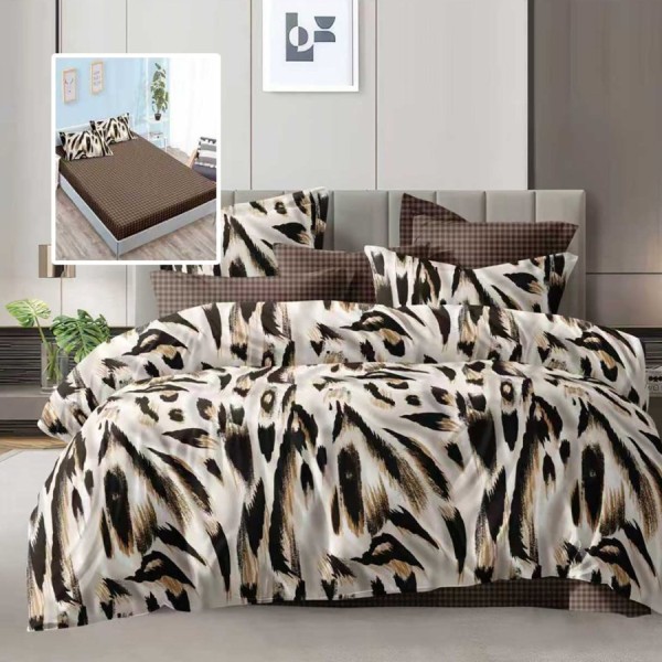 lenjerie de pat dublu 6 piese cu elastic animal print maro si crem