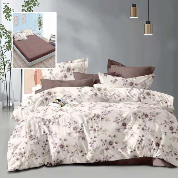 lenjerie de pat dublu 6 piese cu elastic crem cu flori mov si fete de perna asortate