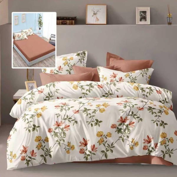 Lenjerie pat dublu 6 piese cu elastic floral galben portocaliu cu cearsaf maro