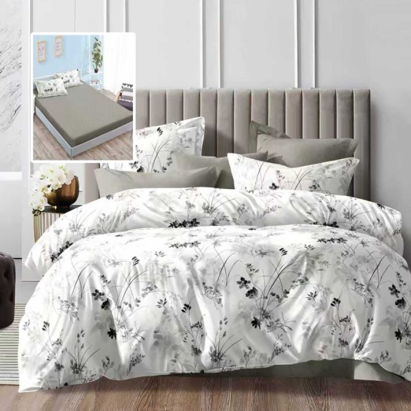 lenjerie de pat dublu 6 piese cu elastic floral gri cu husa uni gri