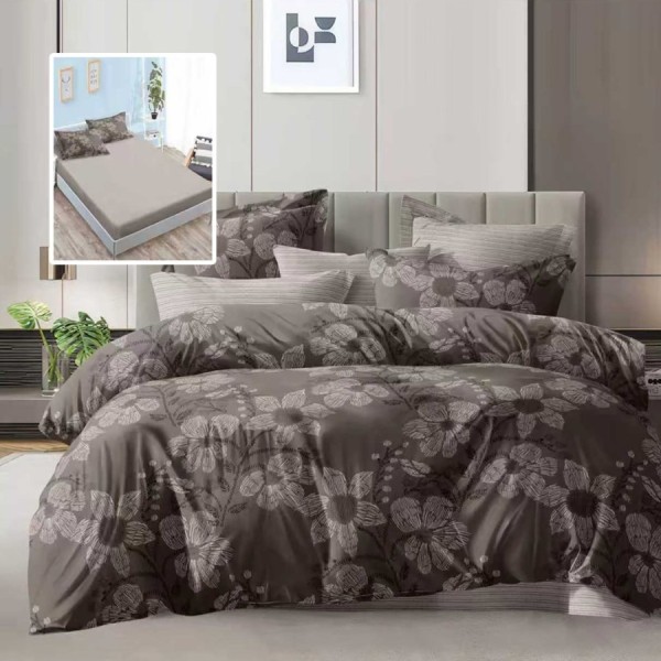 lenjerie de pat dublu 6 piese cu elastic floral gri