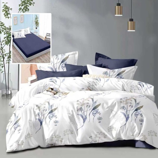 Lenjerie de pat dublu 6 piese cu elastic cu imprimeu flori alb albastru si cearsaf albastru inchis