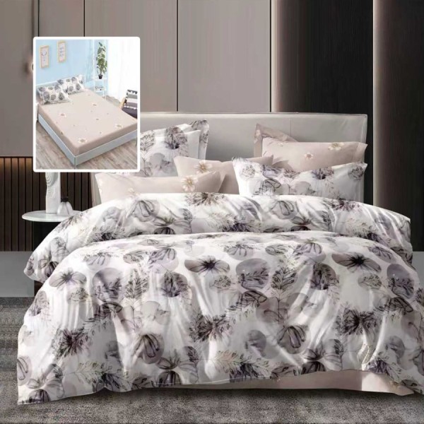 Lenjerie de pat dublu 6 piese cu elastic cu imprimeu flori gri bej si cearsaf bej pudrat