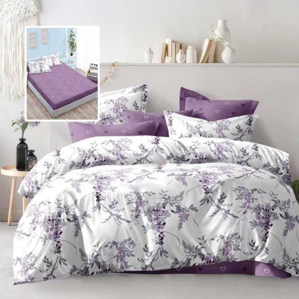 Lenjerie de pat dublu 6 piese cu elastic cu imprimeu flori mov lila si cearsaf mov