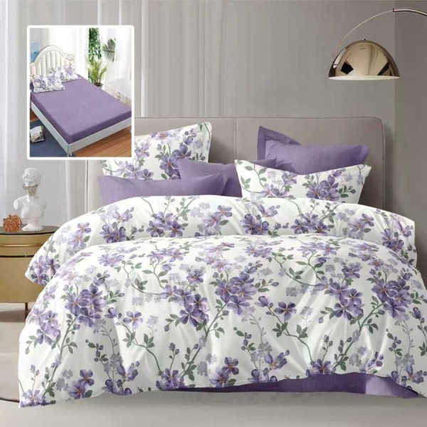 Lenjerie de pat dublu 6 piese cu elastic cu imprimeu flori mov lila si cearsaf mov lila