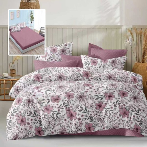 Lenjerie de pat dublu 6 piese cu elastic flori mov si cearceaf mov