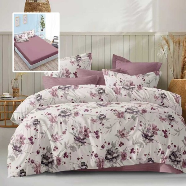 Lenjerie de pat dublu 6 piese cu elastic cu imprimeu flori mov pruna si cearsaf mov pruna
